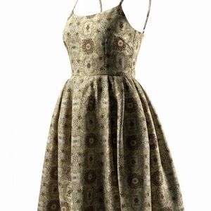 Maggy London Golden Vintage Patterned Midi Dress with Retro Flare